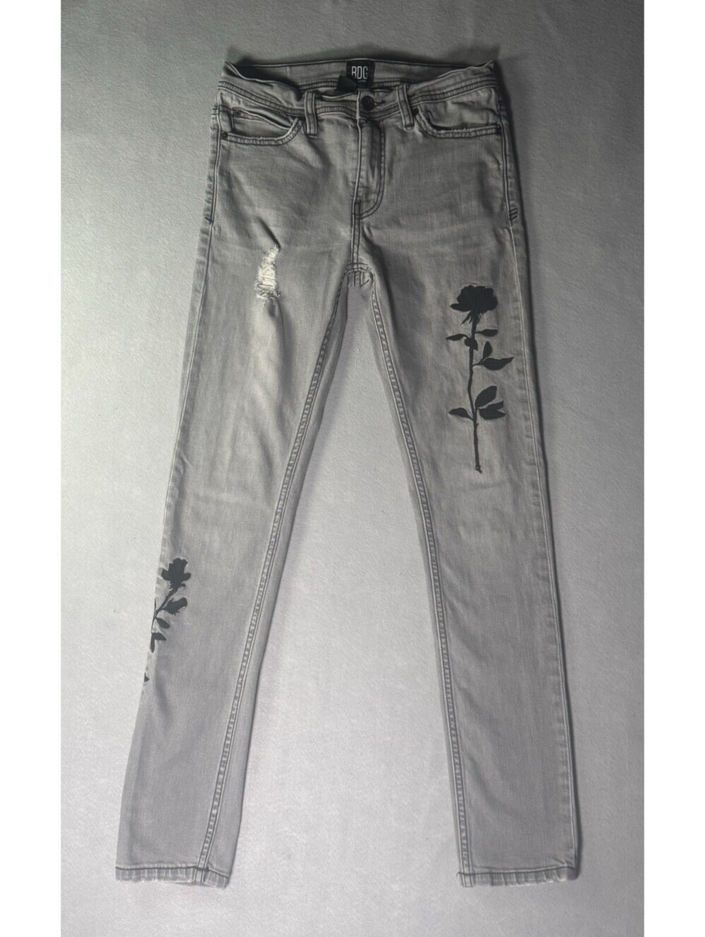 BDG Urban Outfitters Skinny Stretch Gray Embroidered Rose Jeans 29W Distressed